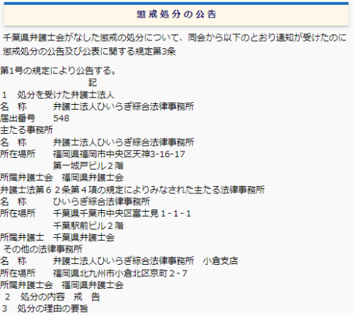 ひいらぎ綜合法律事務所の懲戒処分1