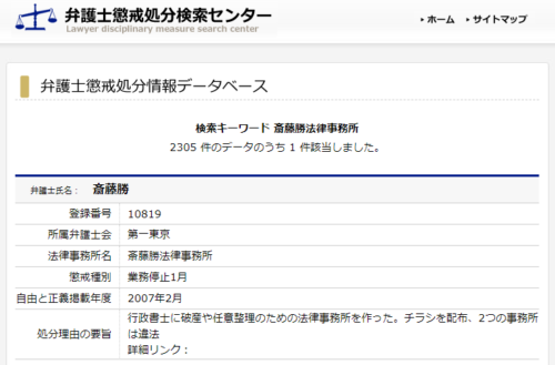 斎藤勝法律事務所の懲戒処分1